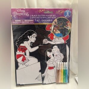 Disney Princess Black Glitter 2 Poster Set 8x10 & 4x6 with Markers Kids Craft